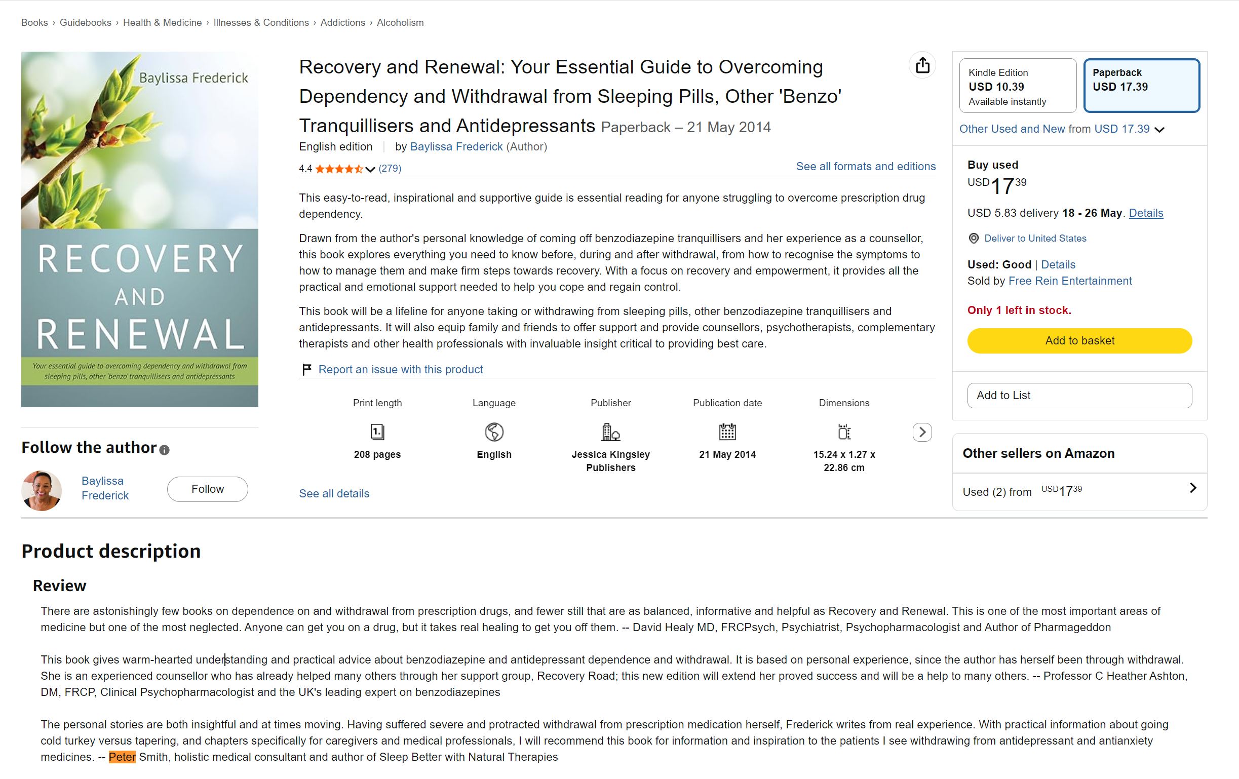 עמוד הספר Recovery and Renewal ב-Amazon, עם המלצות של פיטר סמית׳, דיוויד הילי והת׳ר אשטון.