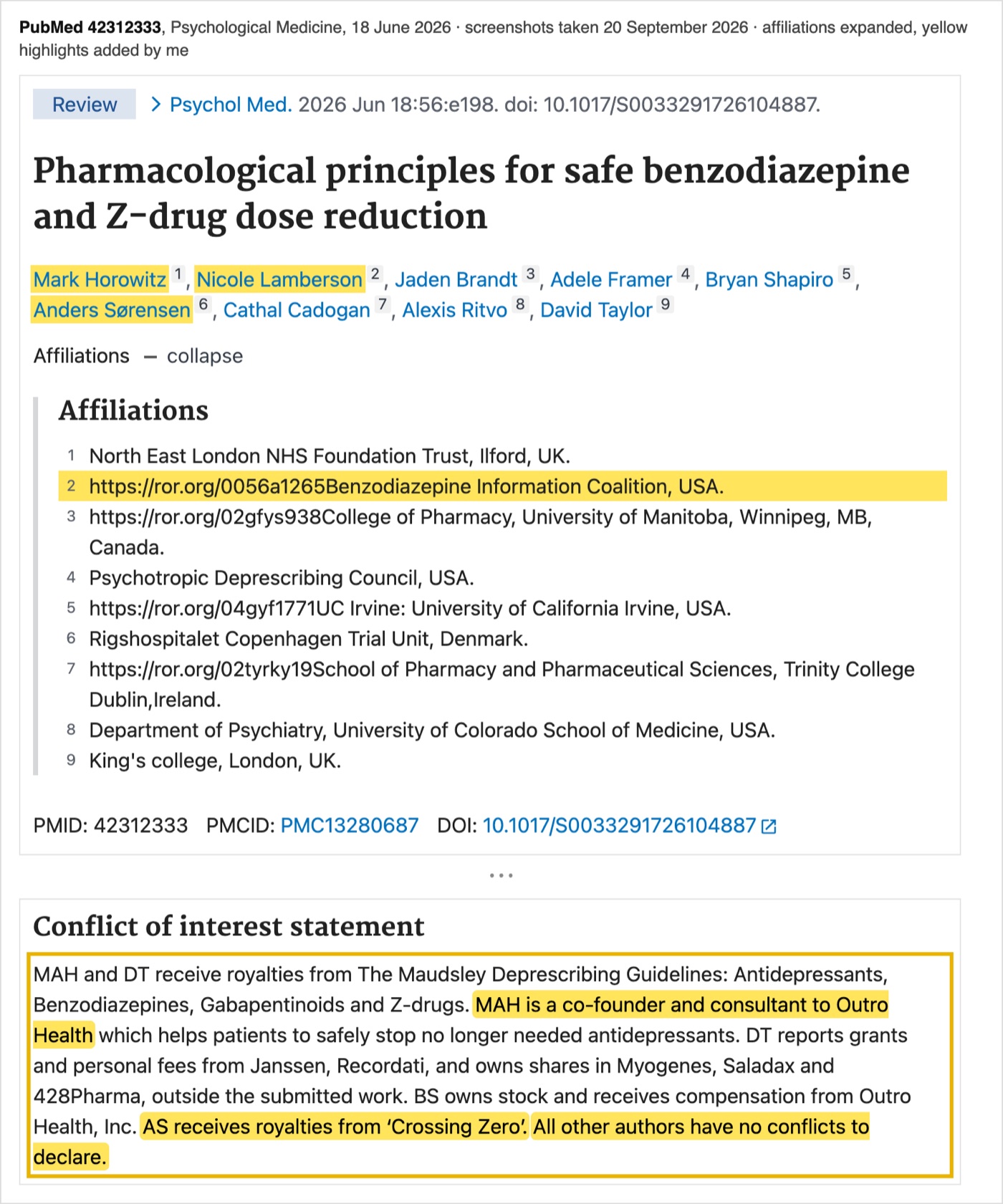 רשומה 42312333 ב-PubMed: מאמר על עקרונות תרופתיים להפחתה בטוחה של בנזודיאזפינים, Psychological Medicine, 18 ביוני 2026. הצהרת ניגוד העניינים: מארק ודיוויד טיילור מקבלים תמלוגים מהנחיות מודסלי; מארק שותף-מייסד ויועץ של Outro Health; אנדרס סורנסן מקבל תמלוגים מ-Crossing Zero; לכל שאר המחברים אין ניגוד עניינים.