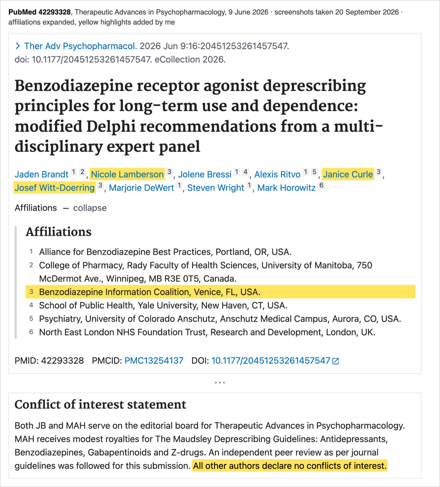רשומה 42293328 ב-PubMed: מאמר על עקרונות הפחתה של בנזודיאזפינים, Therapeutic Advances in Psychopharmacology, 9 ביוני 2026. בין המחברים ניקול למברסון, ג׳ניס קרל ויוסף ויט-דורינג, שלושתם עם שיוך 3, BIC. הצהרת ניגוד העניינים מסתיימת במשפט: לכל שאר המחברים אין ניגוד עניינים.