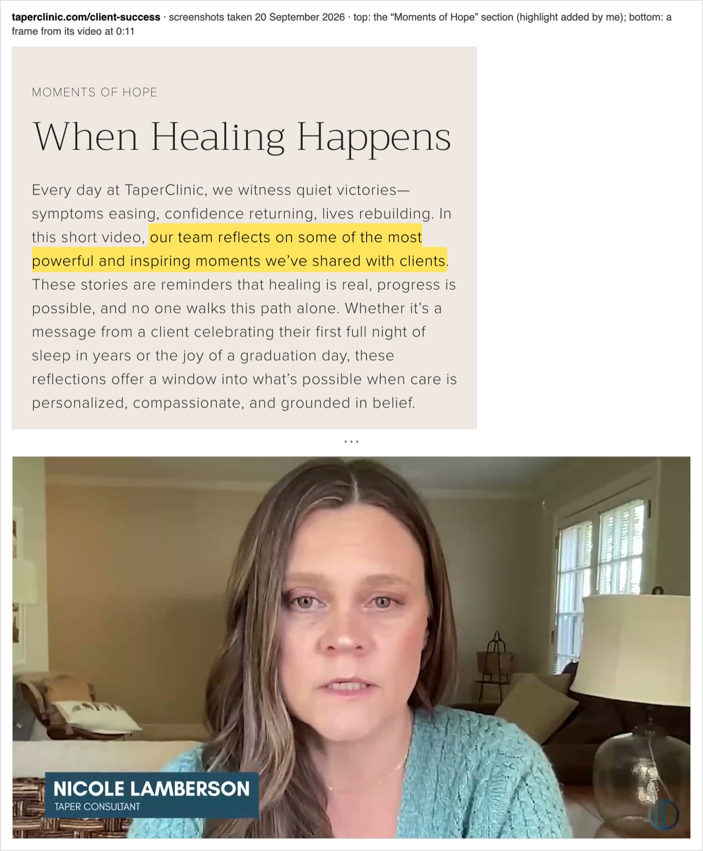 הקטע “When Healing Happens” בעמוד סיפורי ההצלחה של TaperClinic, שבו כתוב שהצוות מתבונן ברגעים שחלק עם לקוחות, ופריים מהסרטון עם הכיתוב Nicole Lamberson, Taper Consultant.