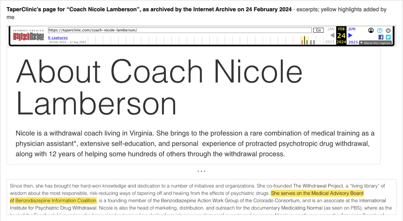 העמוד “About Coach Nicole Lamberson” באתר של TaperClinic כפי שנשמר ב-24 בפברואר 2024, כולל המשפט שהיא חברה בוועדה הרפואית המייעצת של BIC.